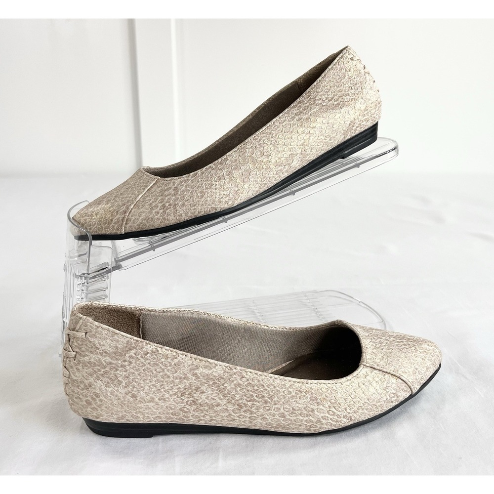 LifeStride Womens 6.5 Champagne Cano Comfort Flats Faux Snakeskin Lace Up Back